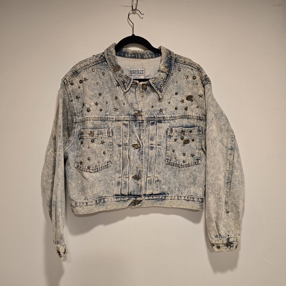 Vintage 80s SBII Denim Jacket Stonewash Cropped Women M/L Bedazzled Grunge Retro